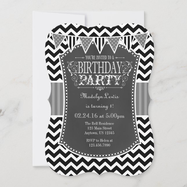 Tableau noir gris Chevron Invitation d'anniversair (Devant)