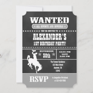 Tableau noir gris Cowboy Invitation d'anniversaire