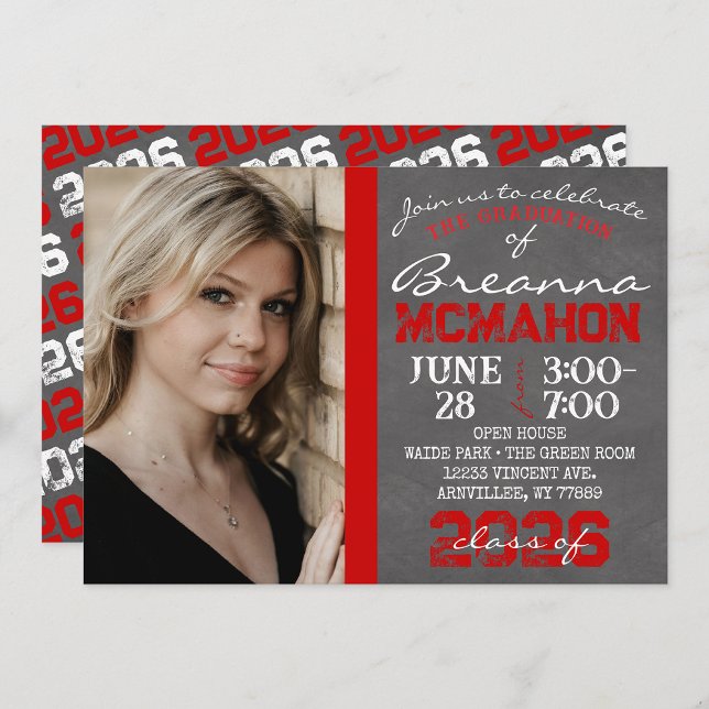 Tableau noir rouge et blanc - Invitation photo (Repeating Class Year 1 & 2 Photo Graduation Invitations)
