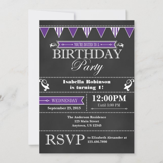 Tableau noir violet Invitation d'anniversaire (Devant)
