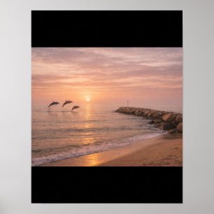 Tableau sur toile Golden Sunset Dolphins Beach   C