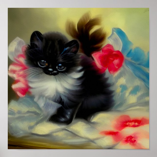 Tableau vintage de chaton noir et blanc (Devant)