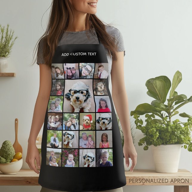 Tablier 21 Grille de collage photo avec nom noir (Personalized Apron)