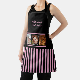 Tablier 3 photo custom text black pink striped 