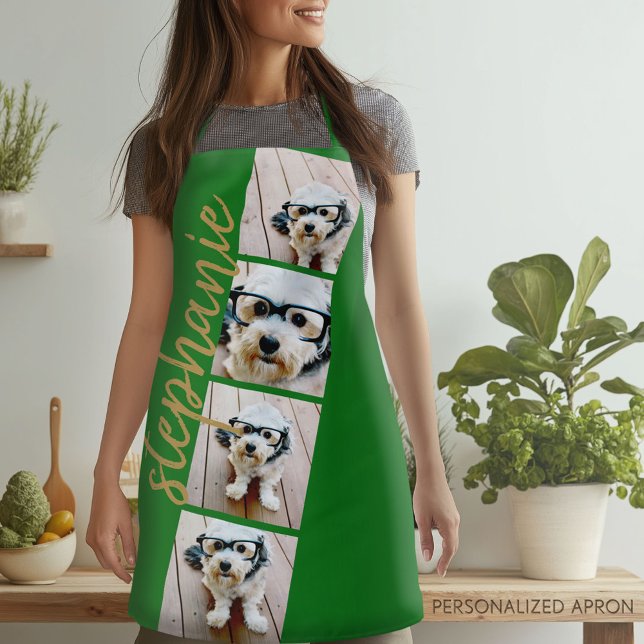 Tablier 4 Bandes de film de collage de nom de script vert (Personalized Apron)