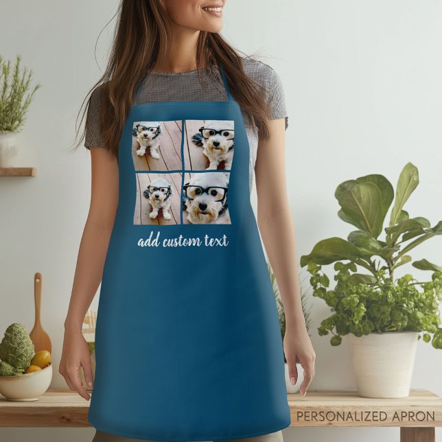 Tablier 4 Photo Collage - bleu avec texte manuscrit (Personalized Apron)