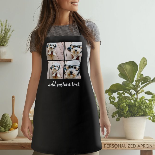 Tablier 4 Photo Collage - noir avec texte manuscrit (Personalized Apron)
