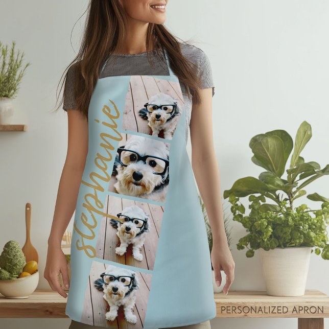 Tablier 4 Photo Film Strip Collage Script Nom or bleu (Personalized Apron)