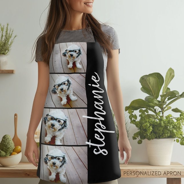 Tablier 4 photos en collage - noir avec nom en écriture bl (Personalized Apron)