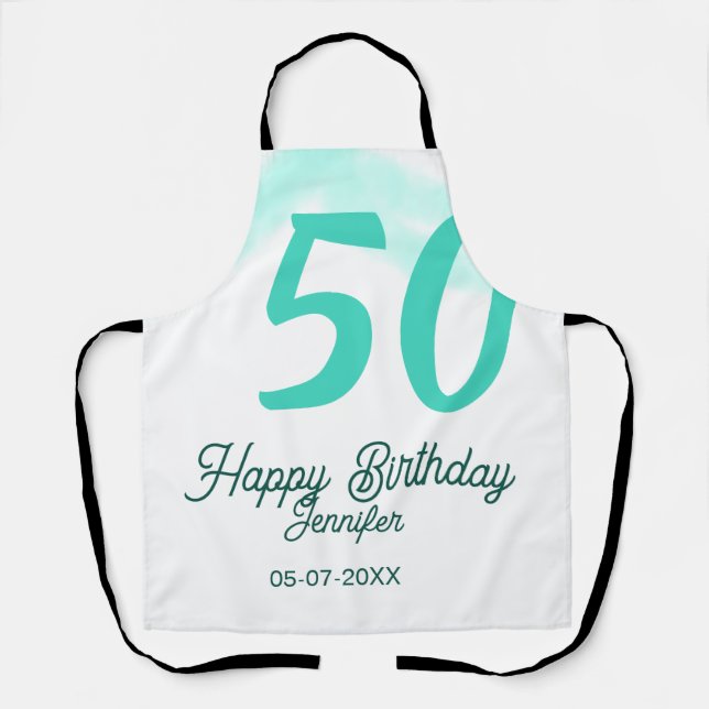 Tablier 50e anniversaire nom date année vert pastel gras (Recto)