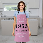 Tablier 70e anniversaire 1953 Dame noire rose<br><div class="desc">Un tablier rose classique personnalisé pour cette célébration d'anniversaire pour quelqu'un né en 1953 et ayant 70 ans. Ajoutez le nom à ce design vintage de style rétro rose, blanc et noir pour un cadeau personnalisé de 70 ans. Modifiez facilement le nom et l'année avec le modèle fourni. Un merveilleux...</div>