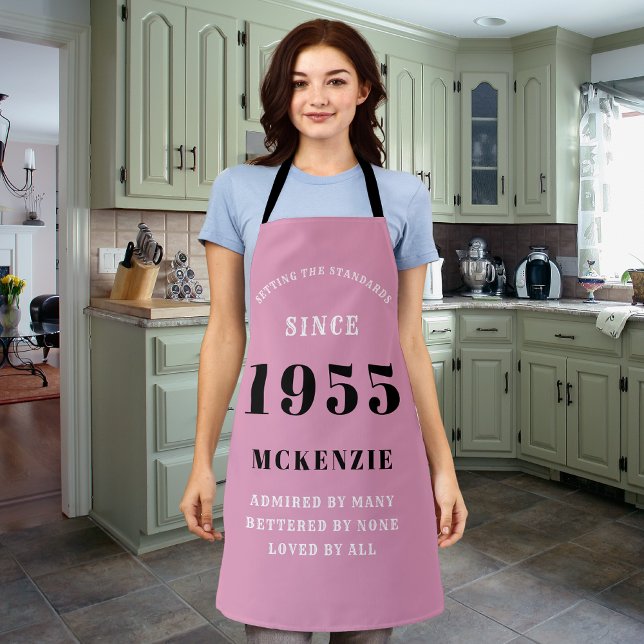 Tablier 70e anniversaire 1955 Nom Chic Elegant Rose (70th birthday personalized long pink apron)