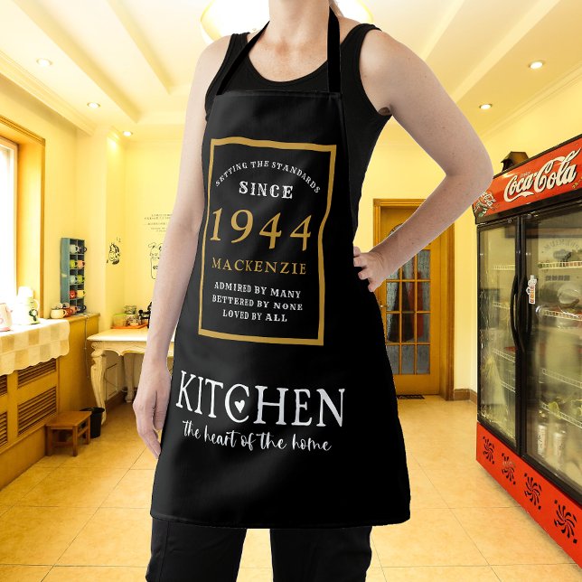 Tablier 80e anniversaire 1944 Nom Elegant Black Gold Chic (Elegant Black & Gold Chic Apron - 80th Birthday 1944 Name Personalized Kitchen & BBQ Essentials.)