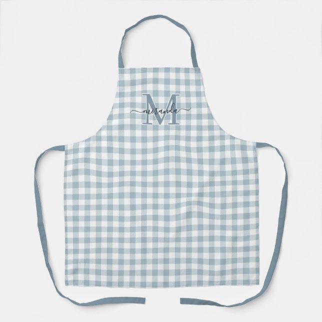 Tablier à carreaux bleu poussiéreux avec monogramm (Recto)