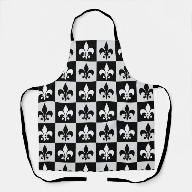 Tablier à damiers Blanc Noir Fleur-De-Lis Motif (Recto)