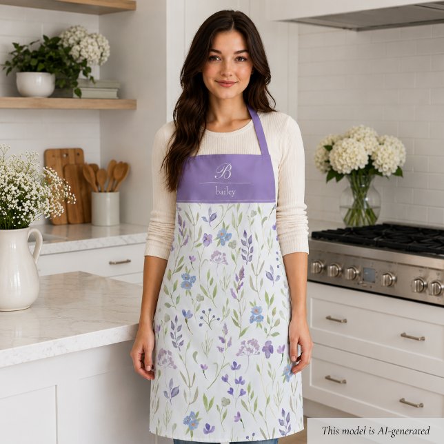 Tablier à monogramme floral pourpre (pretty purple blue wildflower floral apron with elegant monogram in script calligraphy)