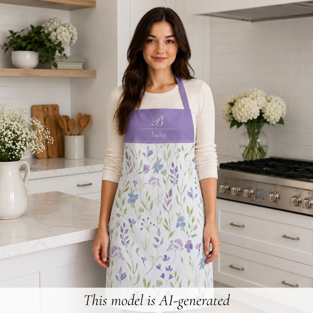 Tablier à monogramme floral pourpre (pretty purple blue wildflower floral apron with elegant monogram in script calligraphy)