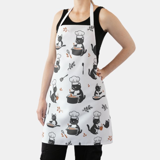 Tablier à motif chat chef mignon noir et blanc (Insitu)