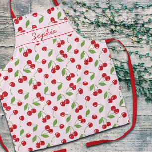Tablier à motif de cerises avec nom rose pâle