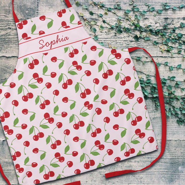 Tablier à motif de cerises avec nom rose pâle (Créateur téléchargé)