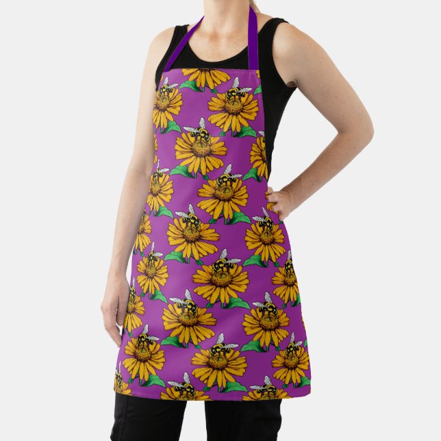 Tablier Abeille sur motif de fleur de tournesol violet  (Insitu)