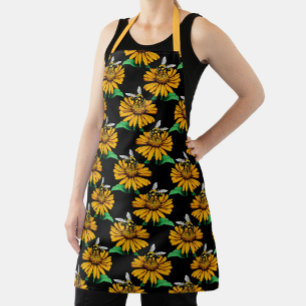 Tablier Abeille sur Tournesol Fleur Motif Design Noir