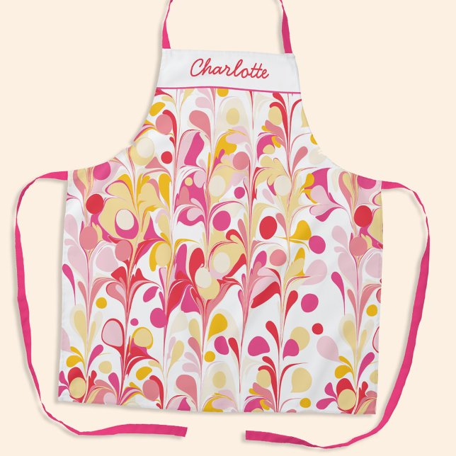 Tablier Abstrait Motif rétro rose personnalisé (Retro abstract marble pattern pink yellow personalized name apron)