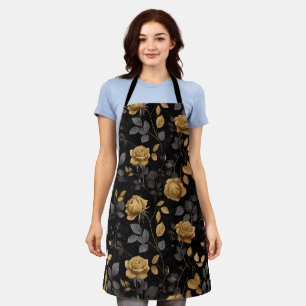Tablier Accent doré élégant Rose Motif floral noir