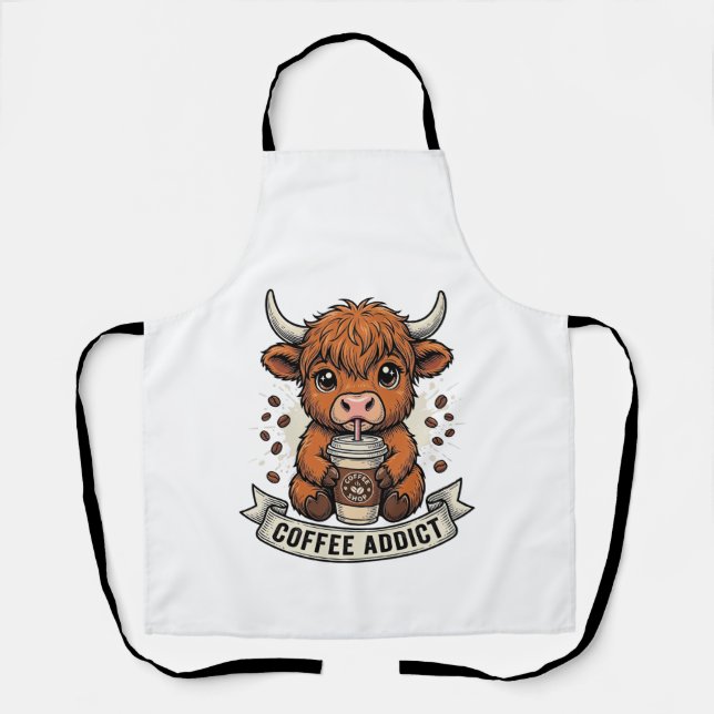 Tablier Accro au café Vache des Highlands Mignonne Gravure (Recto)