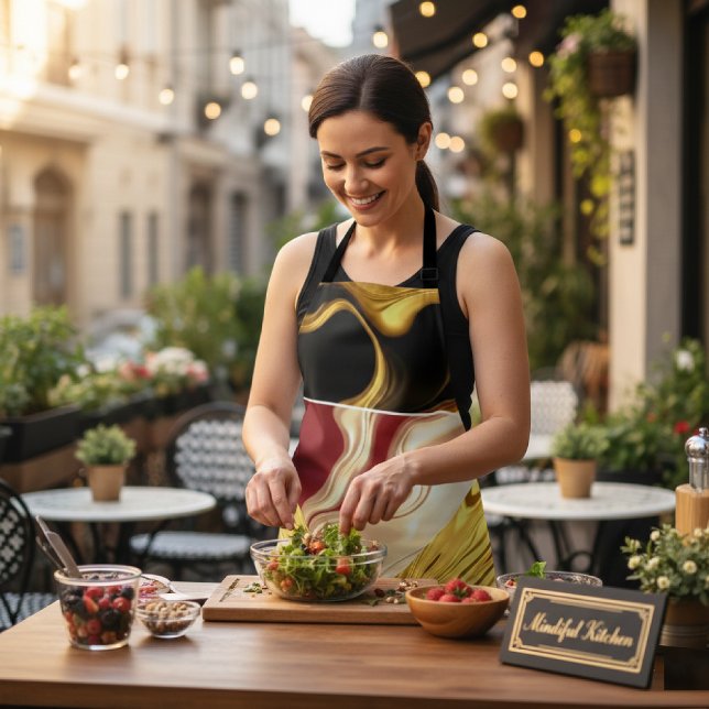 Tablier Achempong Designer Apron: Opulent Swirl Crimson Go (Turn kitchen time into a calming, purposeful task. Chef's Apron, features opulent Gold. Get Yours!)