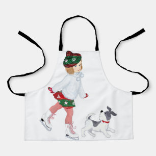 Tablier Adorable little girl skating on ice and dog
