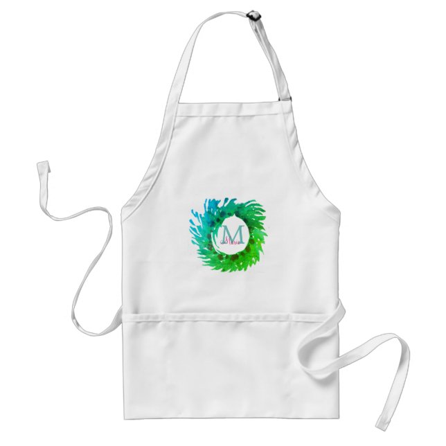 Tablier Ajouter une couronne de Noël vert rose monogramme (Devant)