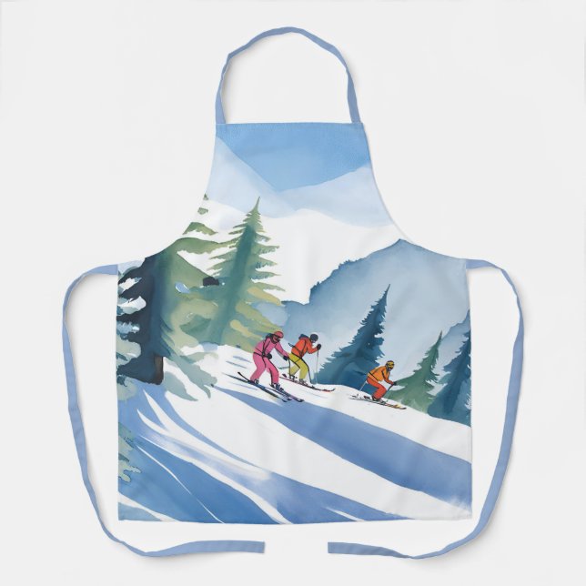 Tablier Allons Ski | Peinture Aquarelle d'Hiver (Recto)