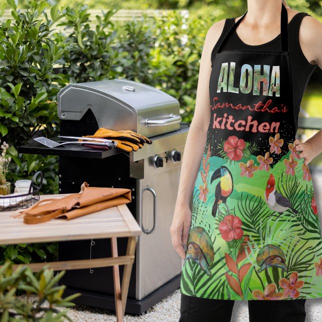 Tablier AlOHA personnalisé et dynamique avec nom Kitchen A (Vibrant Personalized ALOHA with Name Kitchen Apron)