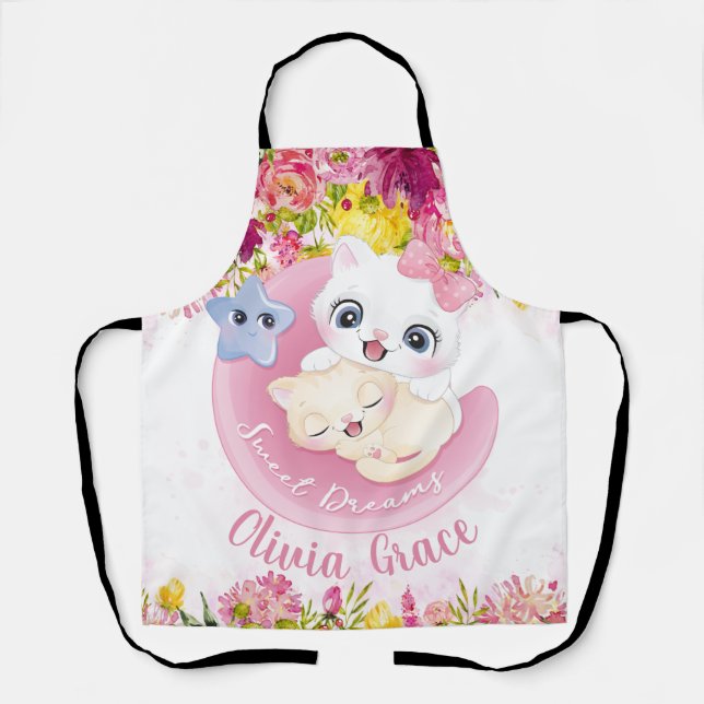 Tablier Amis Chatons Mignons Fleurs Rose Pâle Nom Personna (Recto)