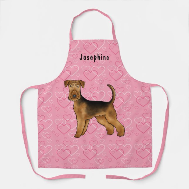 Tablier Amour de chien Airedale Terrier Cœurs roses et nom (Recto)