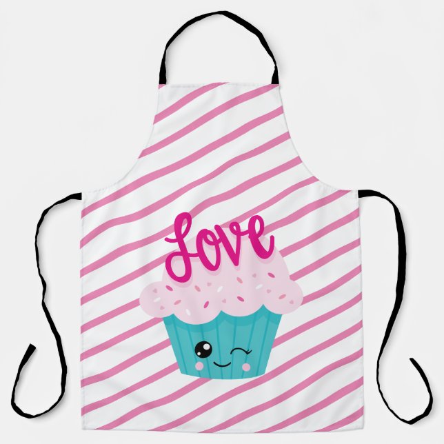 Tablier Amour de Cupcake Kawaii Rose Rayure Sarcelle Migno (Recto)