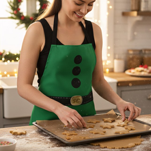 Tablier Amusant Festif Vert Noël Elf Costume Apron (Fun and festive green Christmas elf holiday apron with space for your initials on his belt)