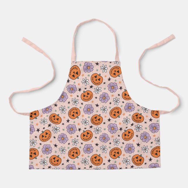 Tablier Amusants Citrouilles d'Halloween et Fleurs Motif (Recto)