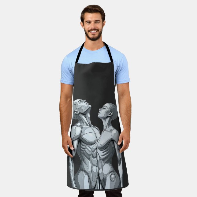 Tablier Android Union: Cyborg Couple All-Over Print Apron (Porté)