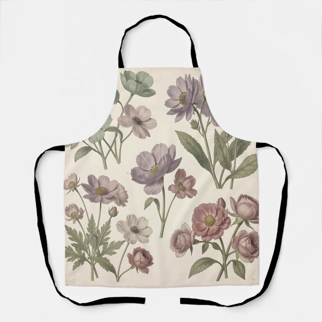 Tablier Anémones Roses Botaniques Douces Pastel Vintage (Recto)