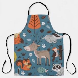Tablier Animaux forestiers, bleu, style scandinave