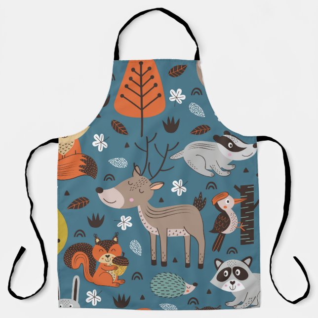 Tablier Animaux forestiers, bleu, style scandinave (Recto)