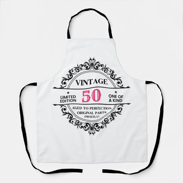 Tablier Anniversaire 50 ans Monogramme Noir & Rose Vintage (Recto)
