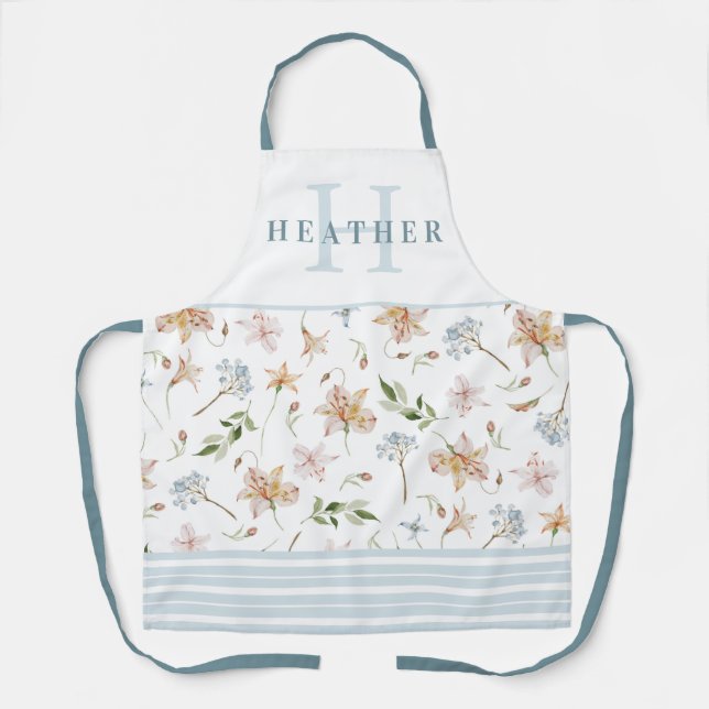 Tablier Ap monogrammé floral de printemps à l'aquarelle bl (Recto)