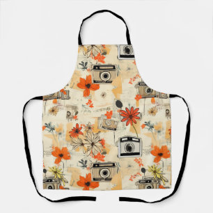 Tablier Appareil photo ancien fleurs orange moutarde Ephem