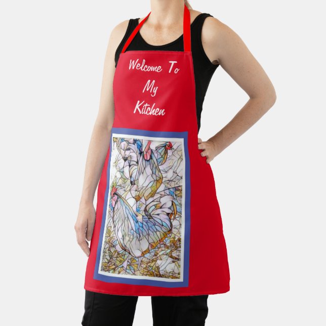 TABLIER APRON À POULET ROUGE, BLANC ET VERRE BLEU (Insitu)