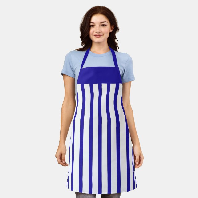 Tablier Apron Cafe Royal Bleu et Blanc en bande (Porté)