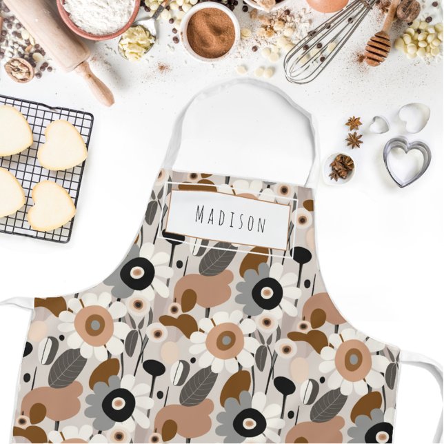 Tablier Apron de nom moderne rétro floral du milieu du siè (Whether you're baking, painting, or gardening, this personalized apron adds flowers to your day!)