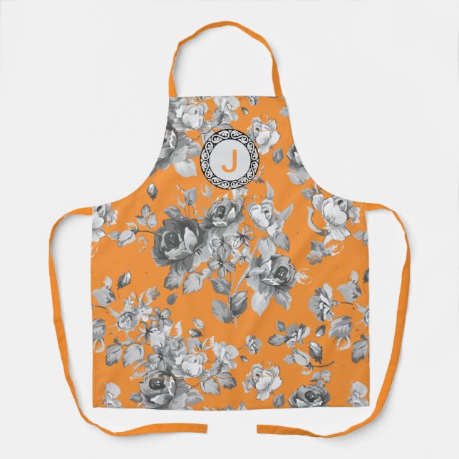 Tablier Apron orange avec fleurs et monogramme (Recto)